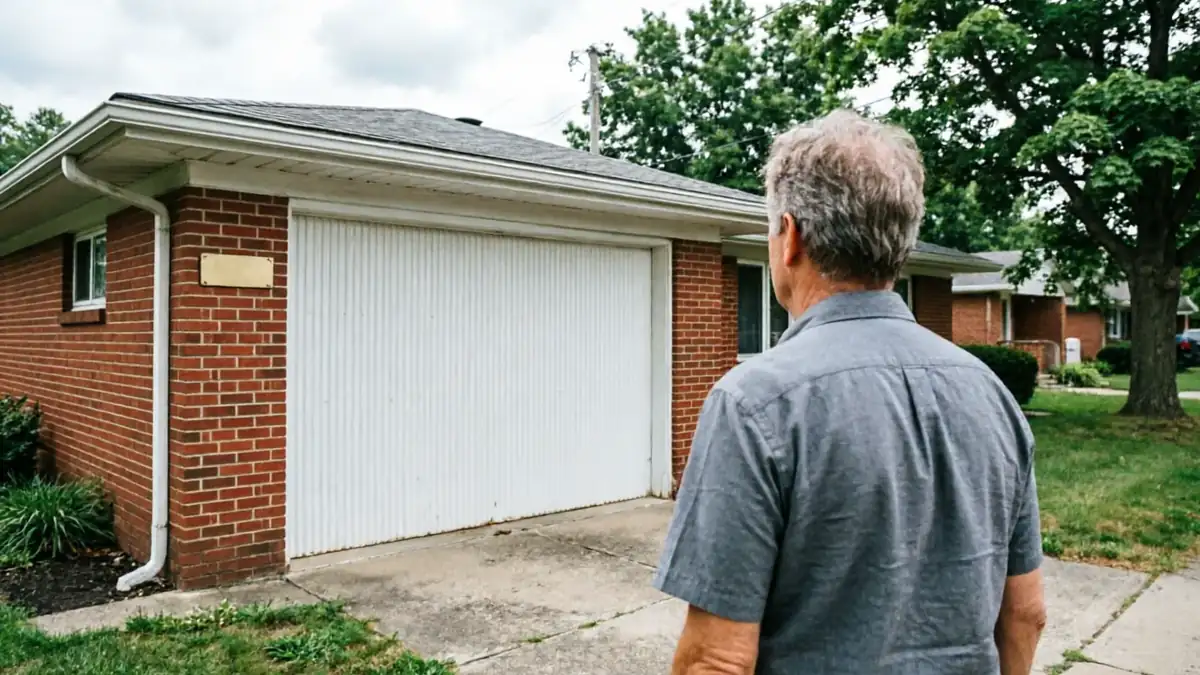 A man stands with his back to the camera, looking at a white garage door.