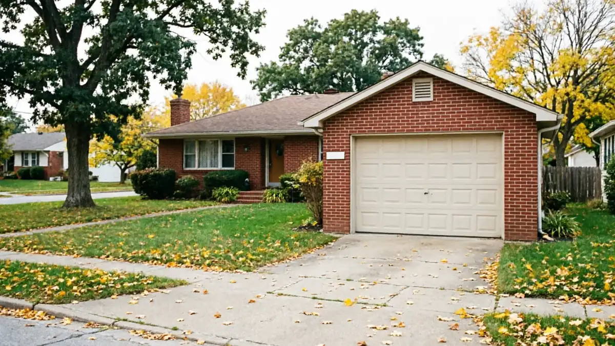 A red brick house with a beige garage door and a green lawn.