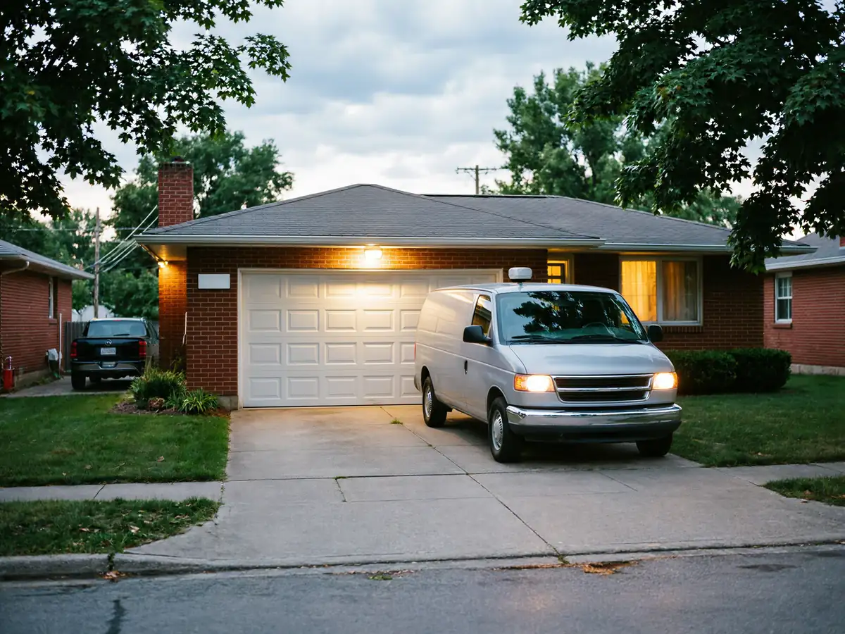 A silver van is parked in the driveway of a brick house with a white garage door.