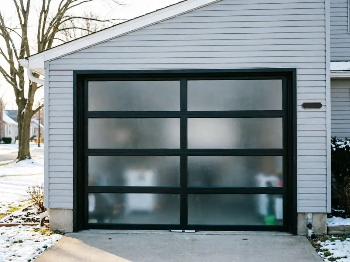 A modern black garage door with frosted glass panels on a gray house.