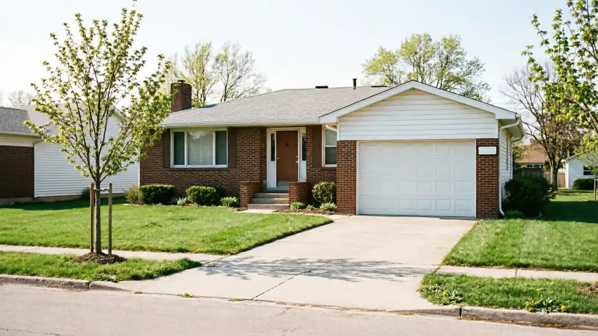 A brick house with a white garage door and a driveway.