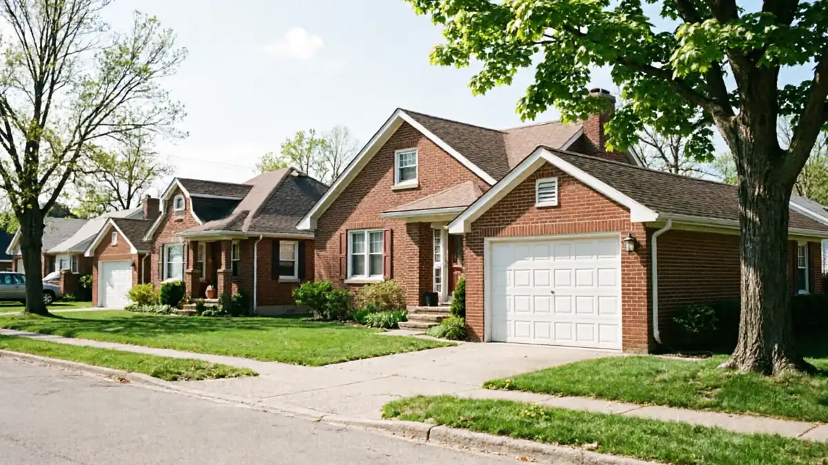 A row of brick houses with white garage doors and green lawns.
