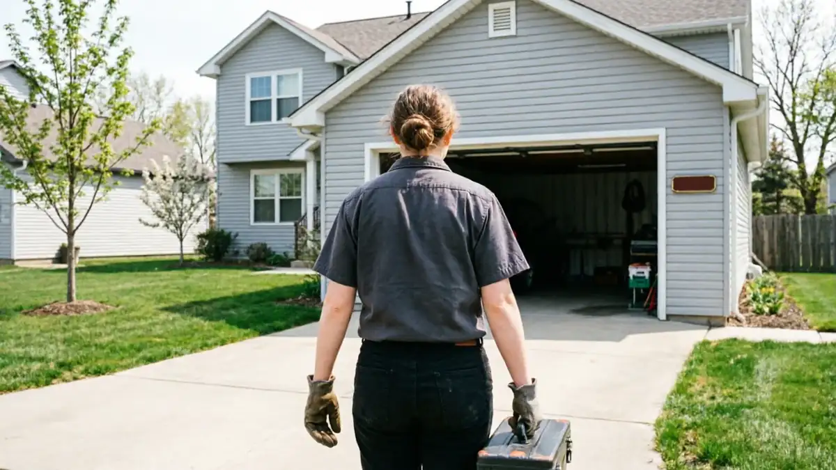A technician with a toolbox walks towards an open garage door of a gray house.