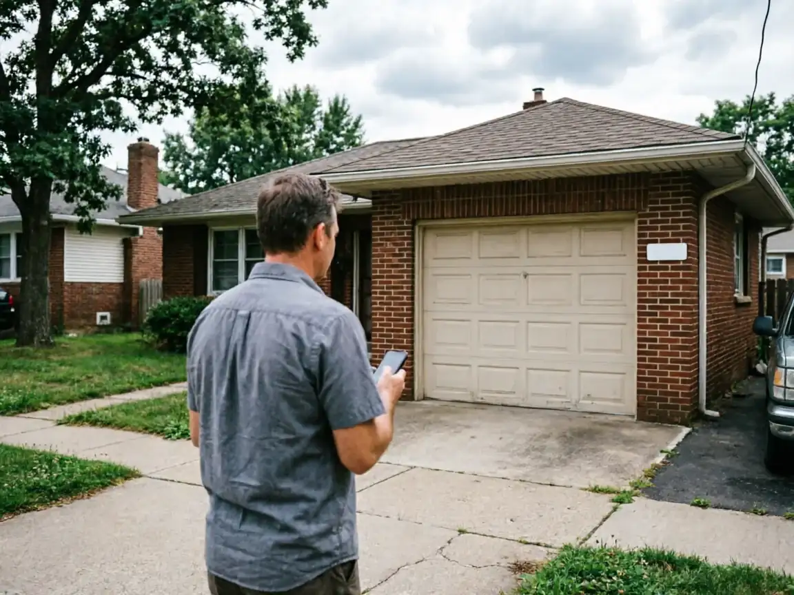 A technician stands on a driveway looking at a closed garage door.