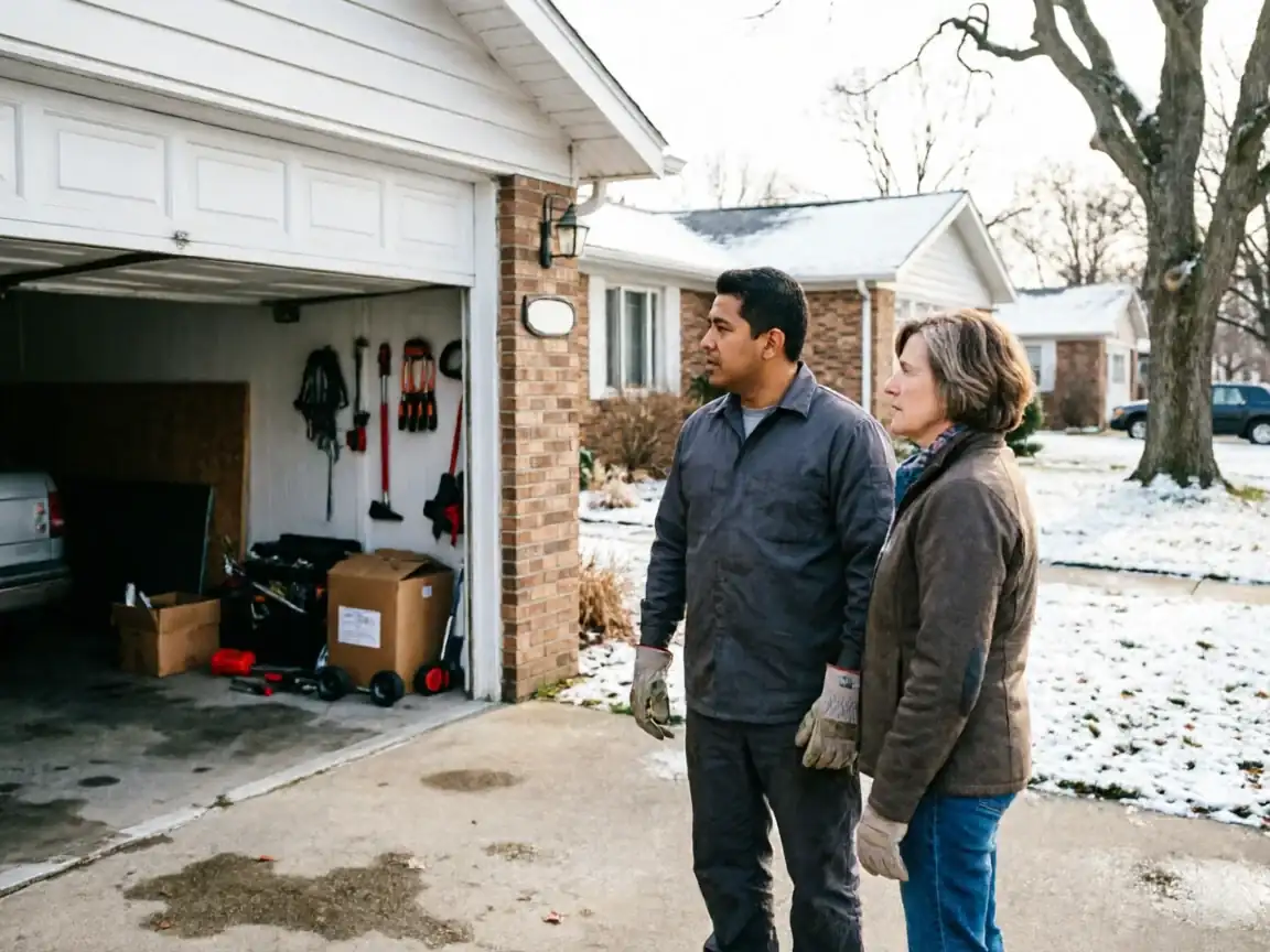 A technician and a woman stand in a driveway looking at an open garage.