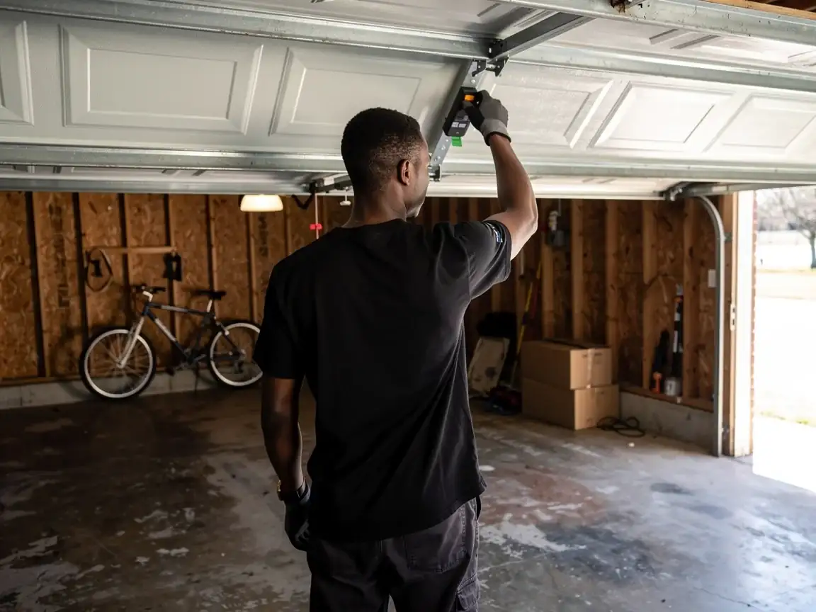 A technician in a black shirt adjusts a white garage door opener.