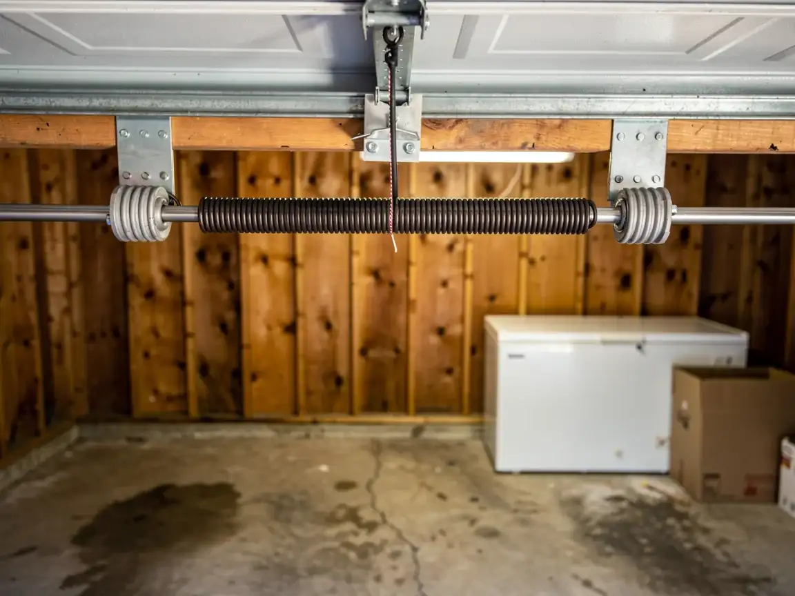 A torsion spring is mounted above a garage door, with a freezer below.