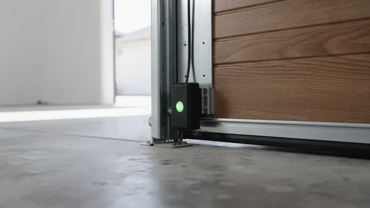 A garage door safety sensor with a green light is mounted on a metal track.