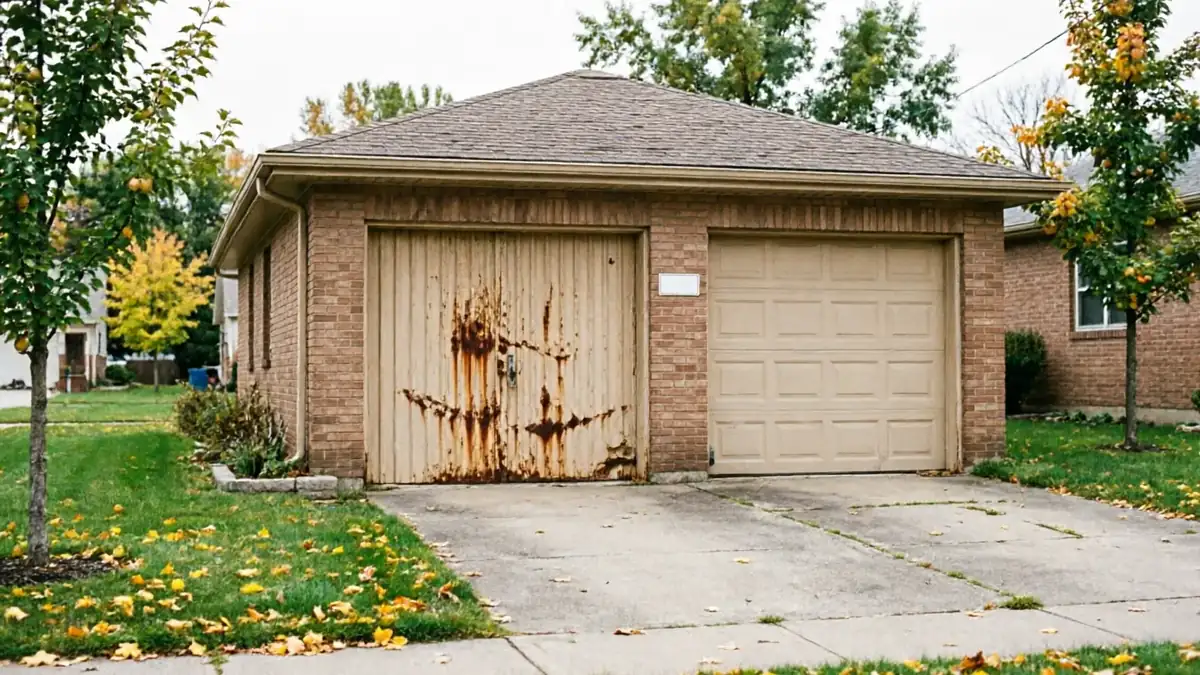 A two-car garage has one rusty door and one clean beige door.