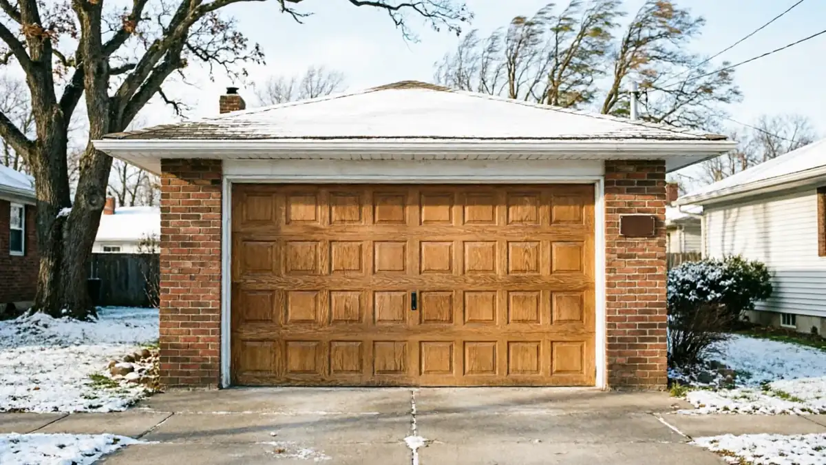 A brown wooden garage door on a brick garage with a snow-covered roof.